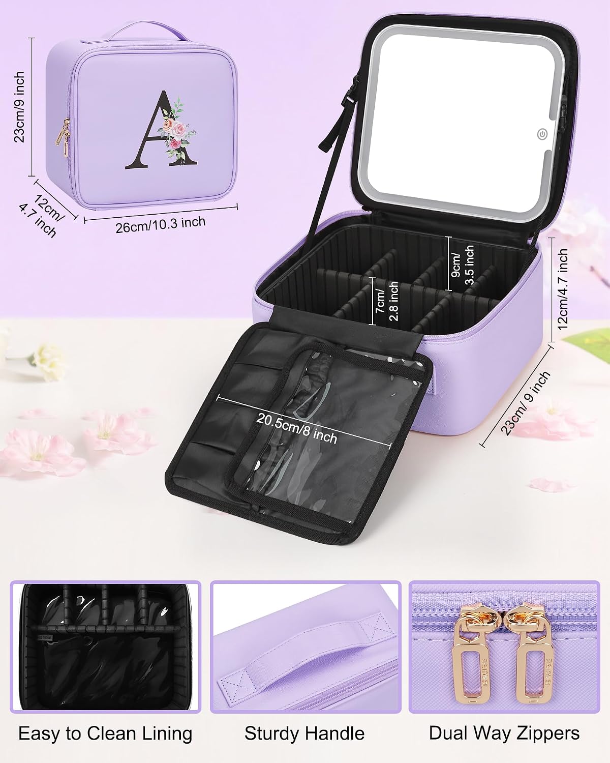 Relavel Initial Makeup Bag, Mothers Day Gifts for Mom, Birthday Gifts for Women, Makeup Case with LED Mirror, Monogram Cosmetic Bag Train Case, Personalized Gifts for Girls Friends Wife, Purple M