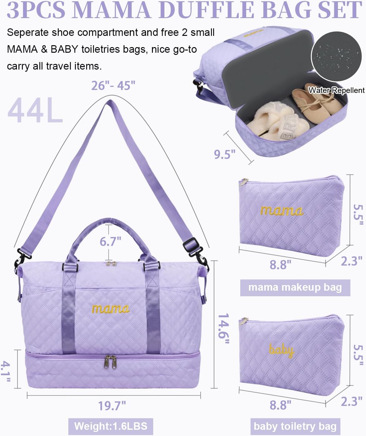 Mama Baby Pregnancy Hospital Bag Essentials for Women Labor Delivery Diaper Organizer with Shoe Compartment,2 Waterproof Toiletry Pouch Travel Duffle Bag for Mommy Weekender Overnight Gym Gifts,Purple