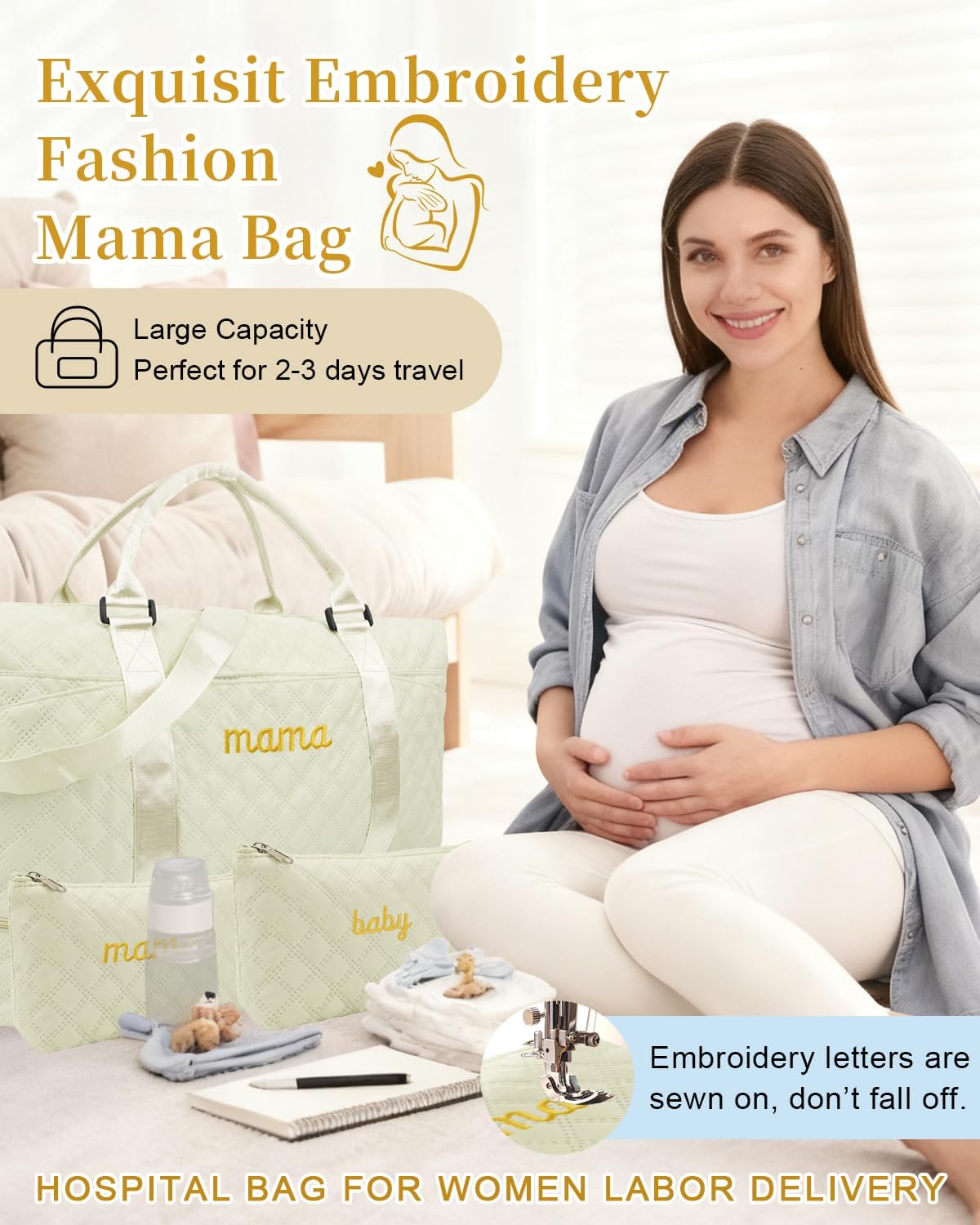 Mama Baby Pregnancy Hospital Bag Essentials for Women Labor Delivery Diaper Organizer with Shoe Compartment,2 Waterproof Toiletry Pouch Travel Duffle Bag for Mommy Weekender Overnight Gym Gifts,Beige
