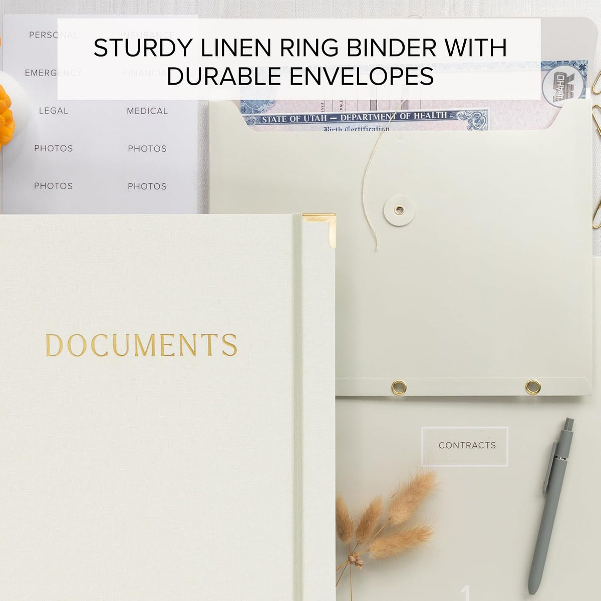 Aesthetic Document Organizer Folio - Linen Cover Life and Family Emergency Binder - Perfect Files Organizer for Your Important Documents, Birth Certificates, Passports, Social Security Cards, Photo