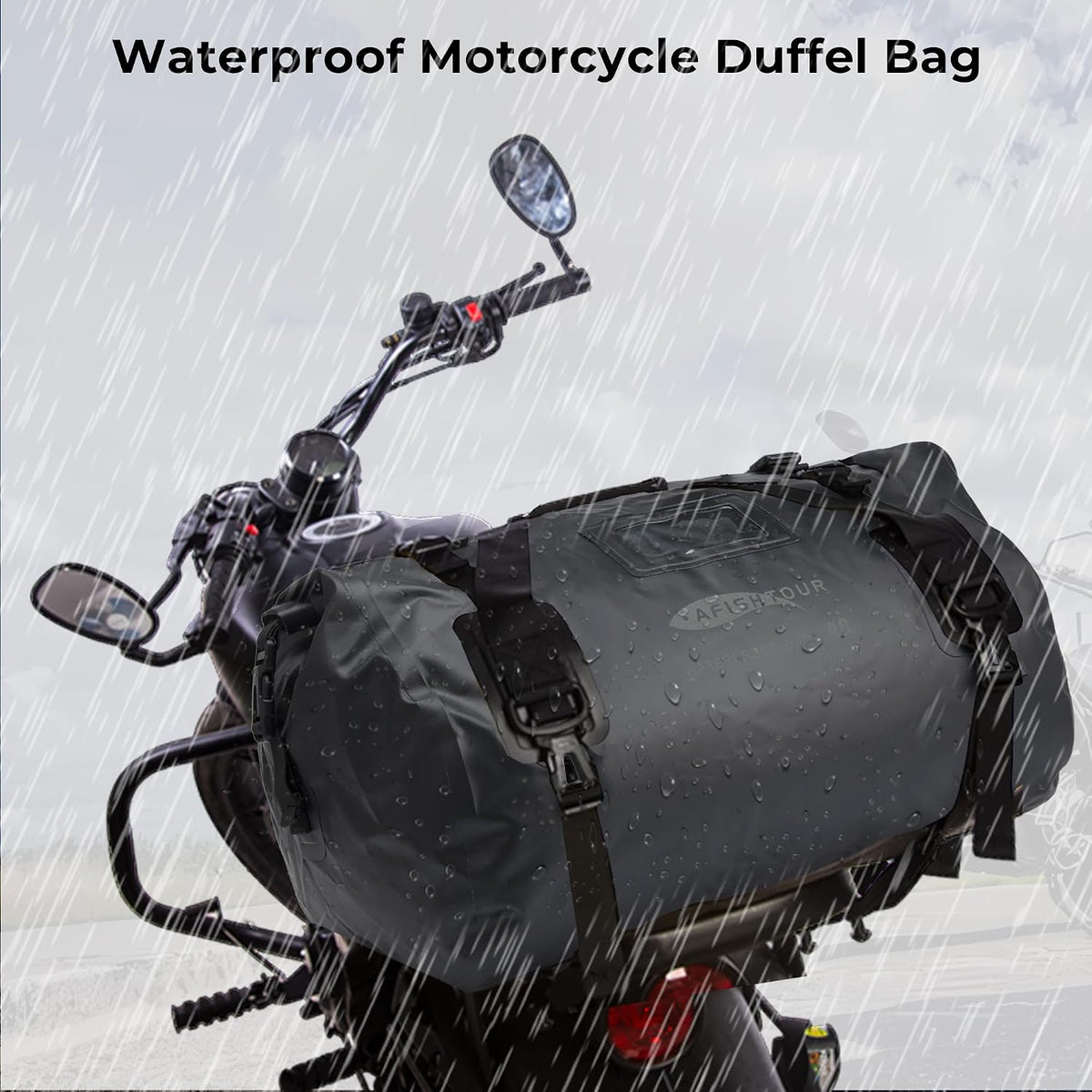 40L Waterproof Motorcycle Duffel Bag - Motorcycle Luggage Tail Bag with Straps for Back Seat - Roll Top Dry Bag for Kayaking, Rafting, Boating, Camping, Travel, Beach (Black)