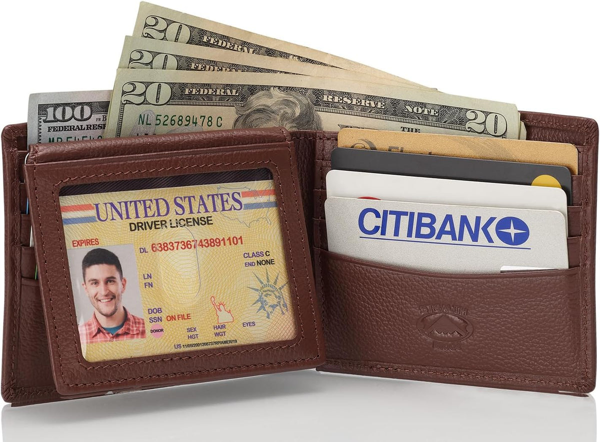 Stealth Mode Leather Bifold Wallet for Men with ID Window and RFID Blocking
