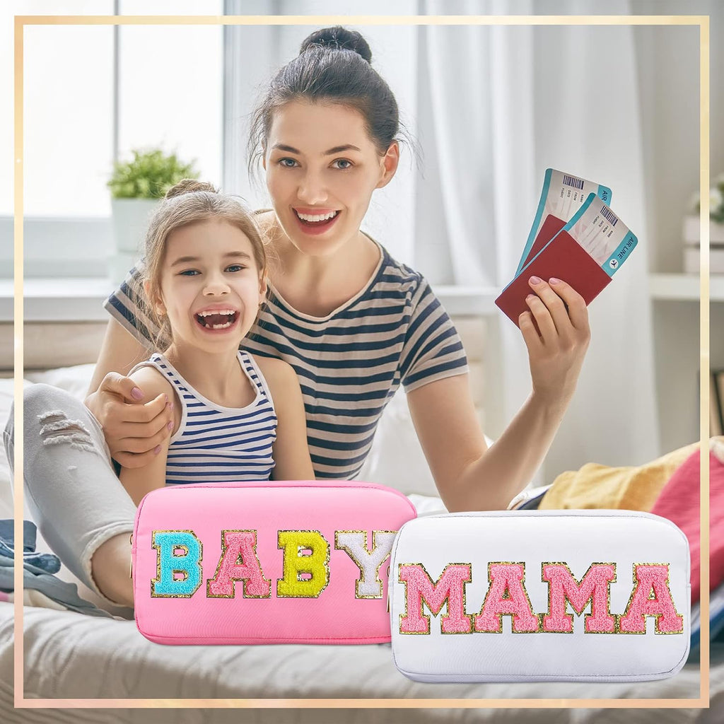 Sanwuta 2 Pcs Mama and Baby Makeup Bags Chenille,White, Pink,Baby and Mama