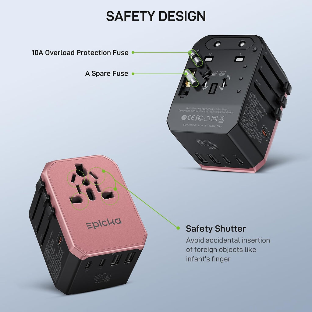 EPICKA 45W Universal Travel Adapter PD&QC, 1AC/3USB-C/2USB-A