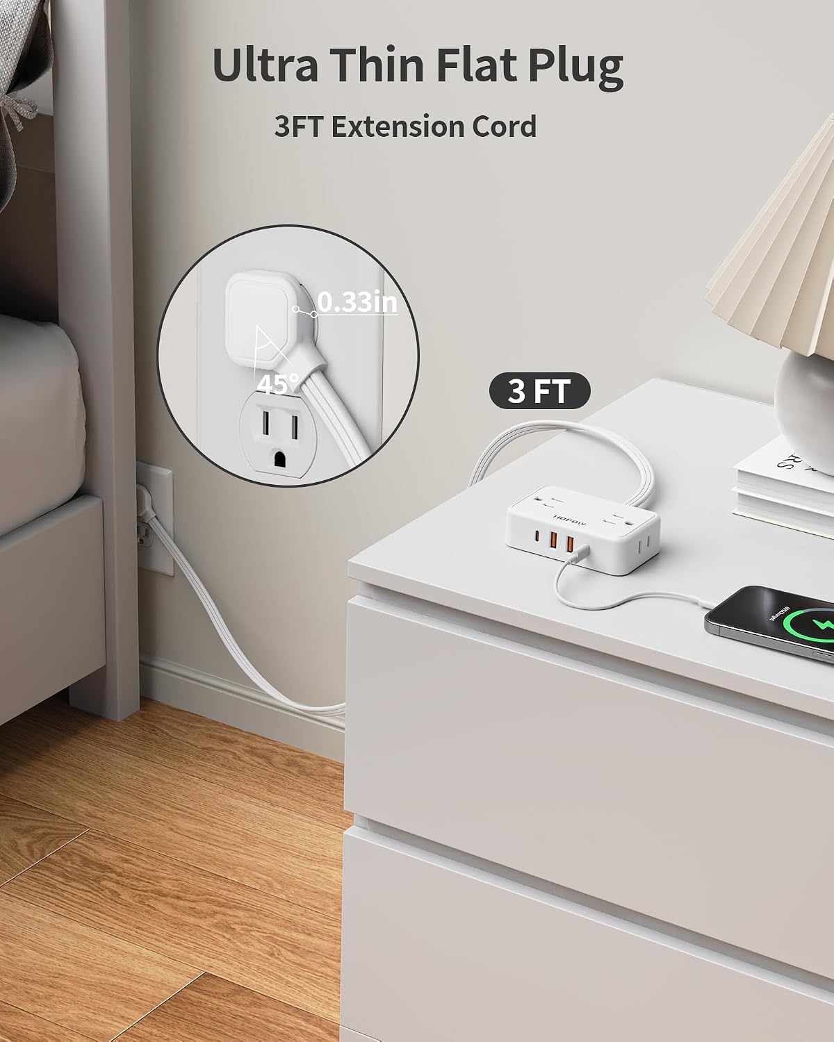 HOPOW Flat Plug Extension Cord, 4AC&2A2C, 3 FT Power Strip for Travel