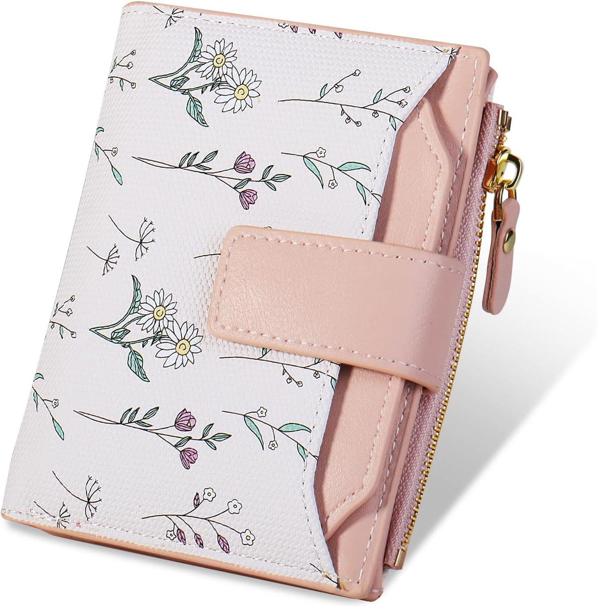 Small Womens Wallet-soft Leather RFID Blocking Bifold Zipper Pocket Credit Card Purse-Floral Pattern Wallet with ID Window (pink)