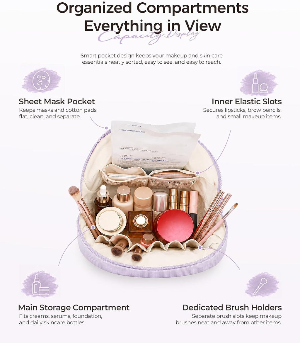 Travel Makeup Bag for Women, Magnetic Fold-Down Design, Purple