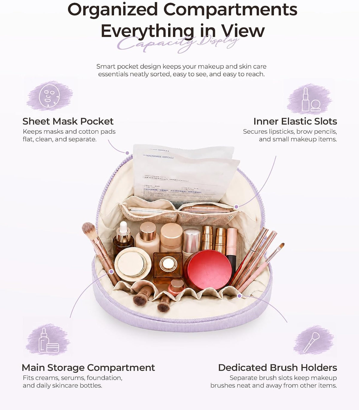 Travel Makeup Bag for Women, Magnetic Fold-Down Design, Purple