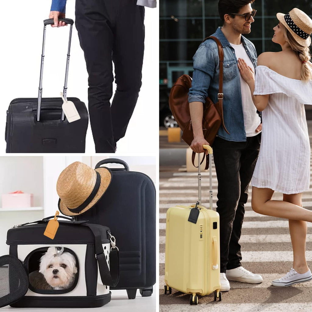 Faux Leather Luggage Tags for Suitcase Tag Set Privacy Protection with Identifie Name Lable ID Card Baggage tag for Men Women Travel Accessories, 2/4 Pack (LT06-Black*2+Sky Blue*2)