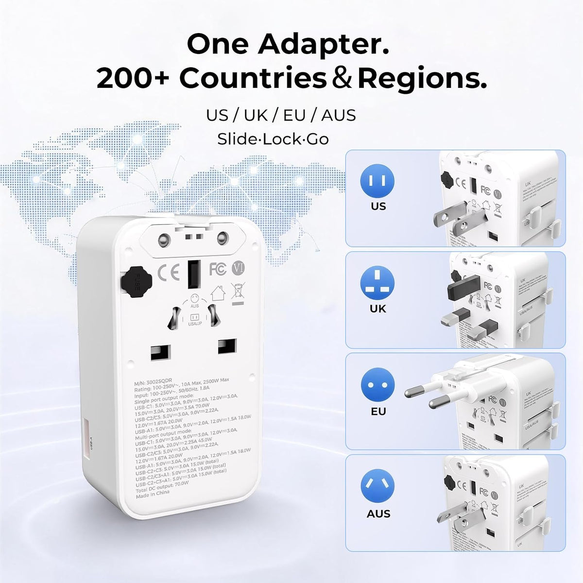 Dyness Universal Travel Adapter, 70W GaN Ultra-Slim, 4 USB Ports, AC Outlet