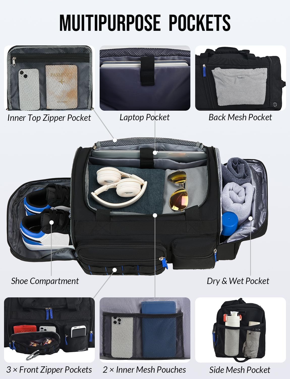 Gym Bag for Men Women 3-in-1 Sports Travel Duffel Bag, 61L, Black