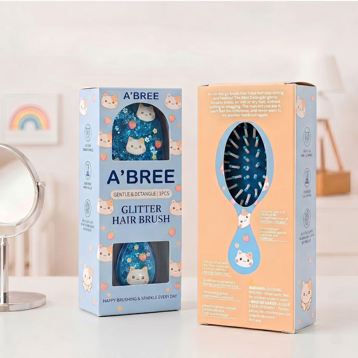 A'BREE Mini Glitter Detangling Hair Brush for Kids Girls Women – Gentle Wet and Dry Hairbrush, Travel Sized Tangle Free Knot Tamer for Toddler, Adorable Character Glitter Design (Ocean Blue)