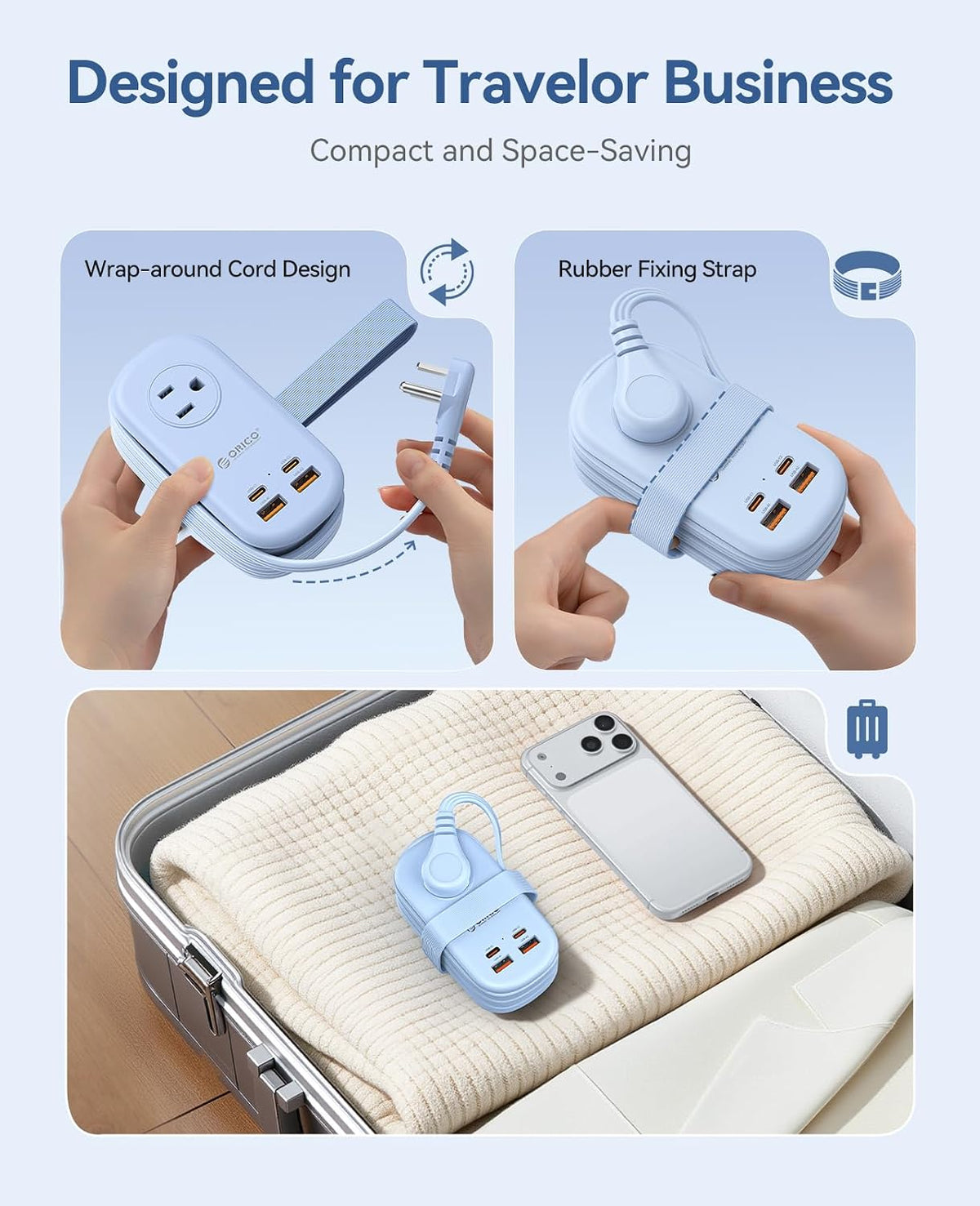 ORICO 65W GaN Travel Power Strip with 3 Outlets & 4 USB Ports (2 USB C)