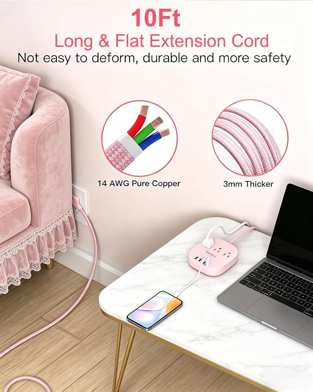 Cruise Ship Travel Essentials, 22.5W/4.5A Flat Plug Power Strip, Pink