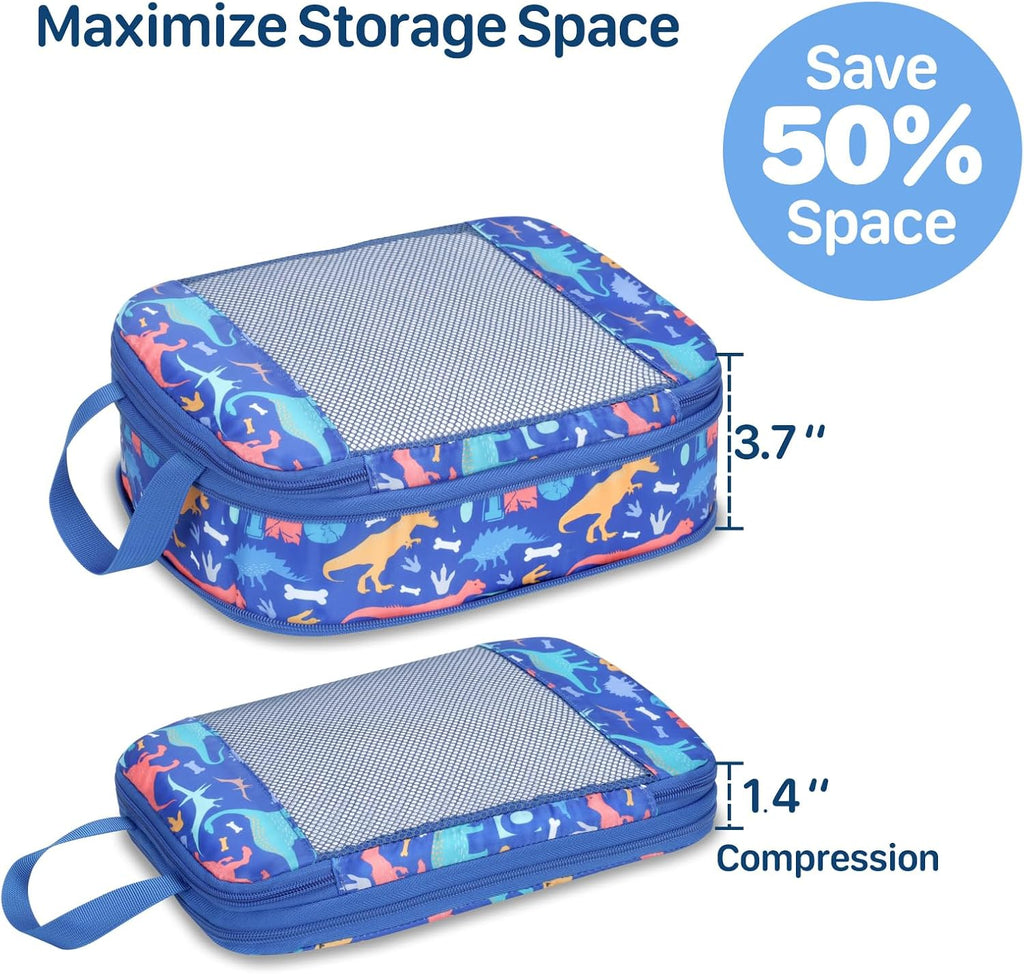 Kids Compression Packing Cubes - 4 PCS Sets, Blue Dinosaur