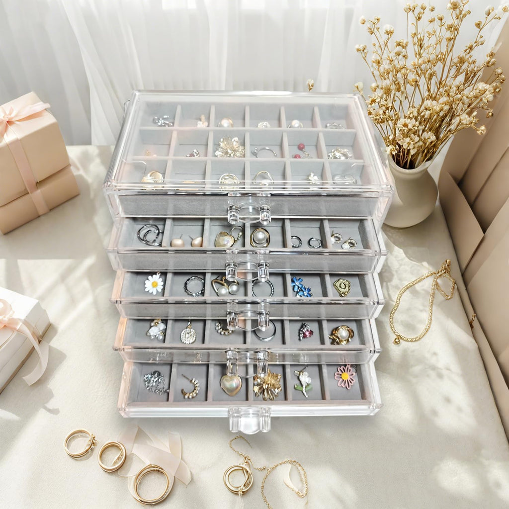 Acrylic Earring Holder Organizer with 5 Drawers Clear Earring Organizer Box with 90 Adjustable Grids Velvet Earring Display Case Jewelry Organizer for Earrings Rings Studs (Grey)