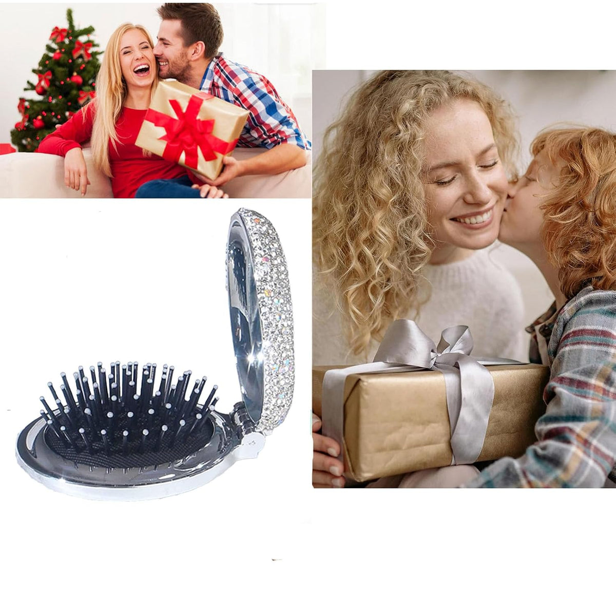1 Pack Rhinestone Pocket Hair Brush with Mirror Bling Travel Folding Combs Sparkle Portable Collapsible Compact Comb for Women Wedding Party Silver White (No Chain-WIth-Round)