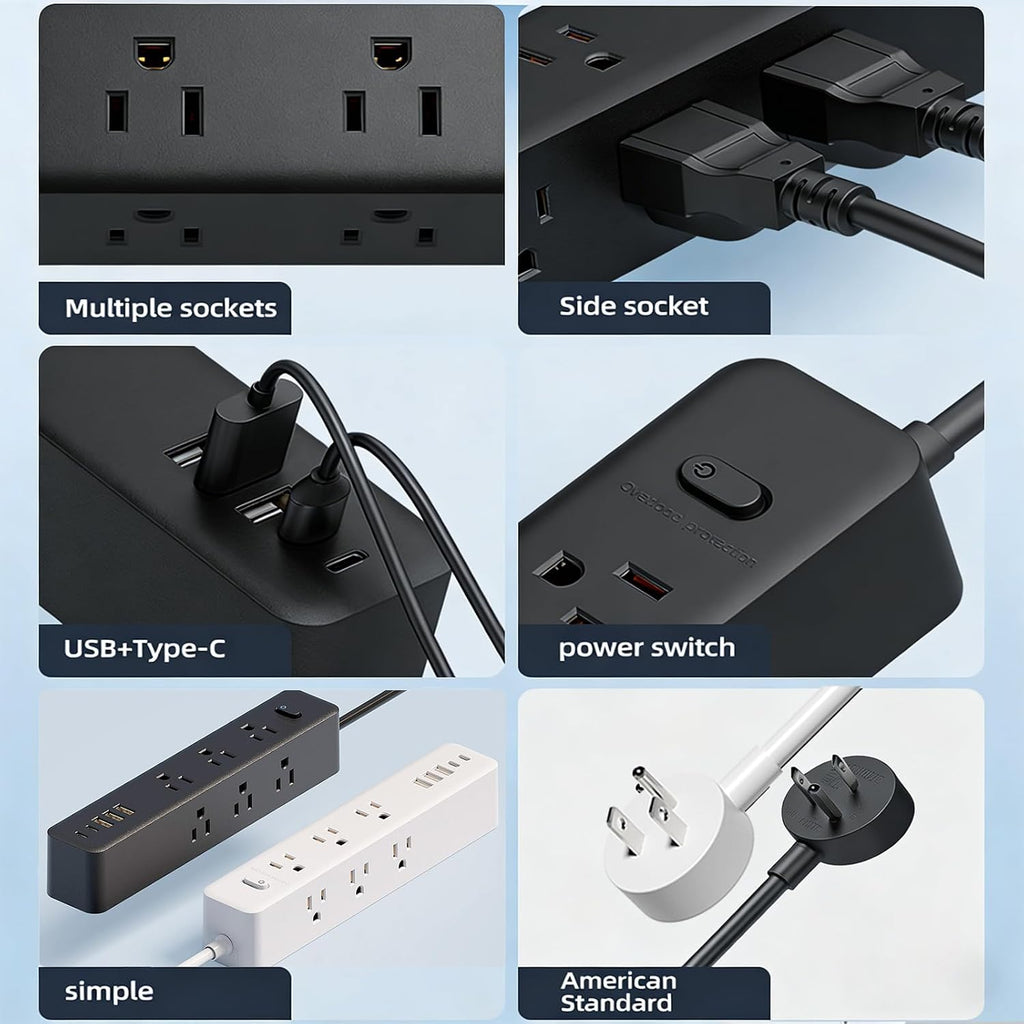 Surge Protector Power Strip，5ft 9 Widely Spaced Outlets, 3 USB A & 2 USB C Ports, Flat Plug Long Extension Cord for Travel Home Office Entertainment, Black