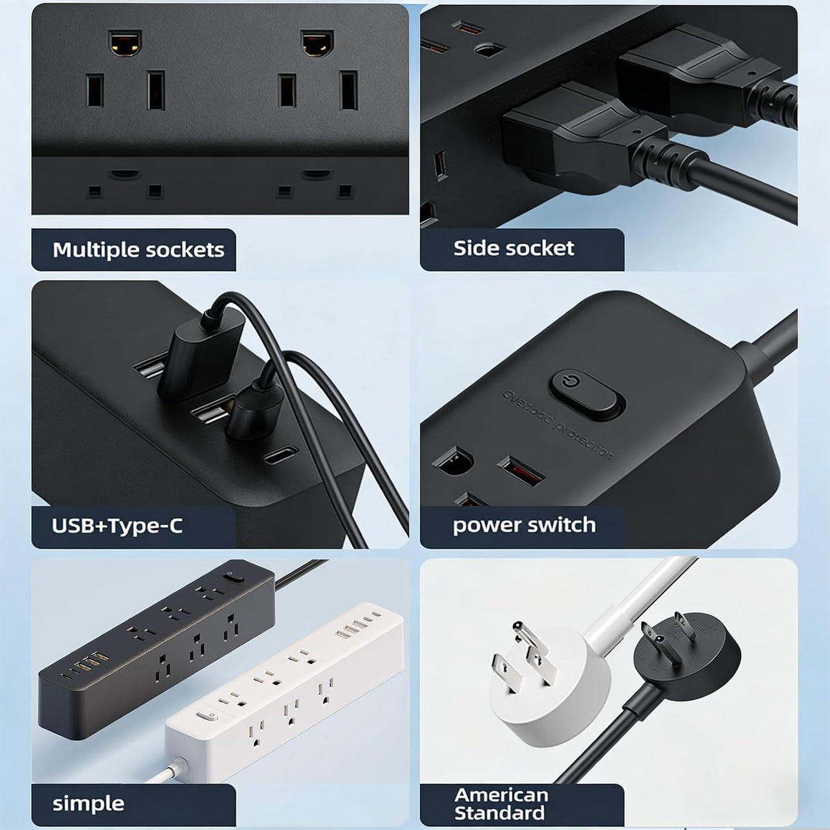 Surge Protector Power Strip，5ft 9 Widely Spaced Outlets, 3 USB A & 2 USB C Ports, Flat Plug Long Extension Cord for Travel Home Office Entertainment, Black