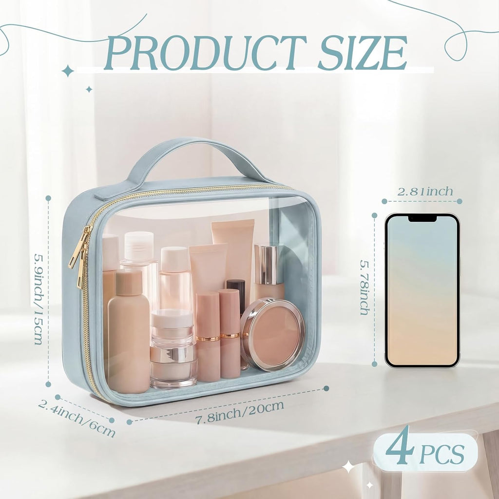 Abbylike 4 Pcs Clear Makeup Bags with Handles, Blue Tonal Combinations