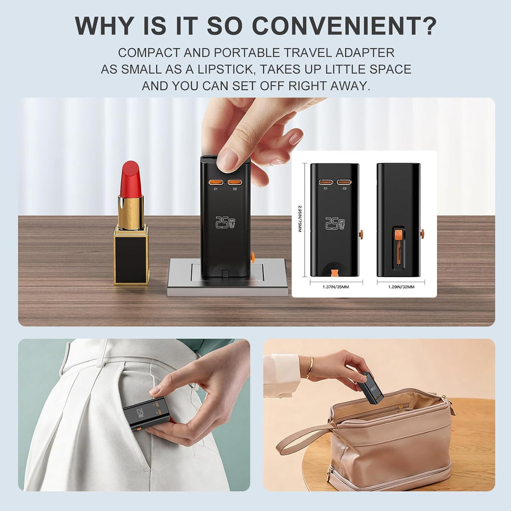 Universal Travel Adapter, 25W GaN, 2 USB-C, US/UK/EU/AU Plug