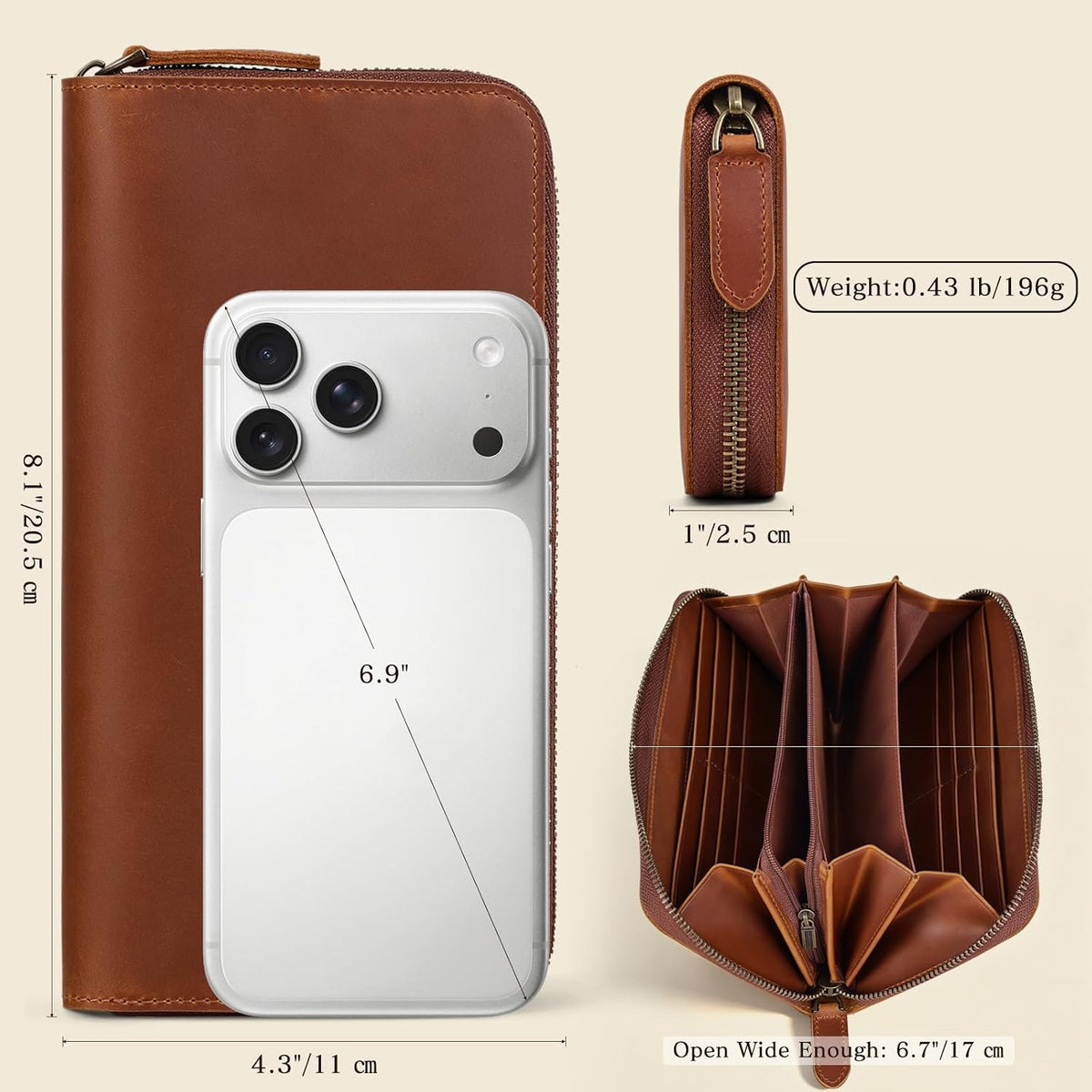 VISOUL Long Zip Around Pouch Wallet for Men Crazy Horse Leather with RFID Blocking, Large Clutch Cash Long Travel Wallet with 12 Card Slots-Chocolate