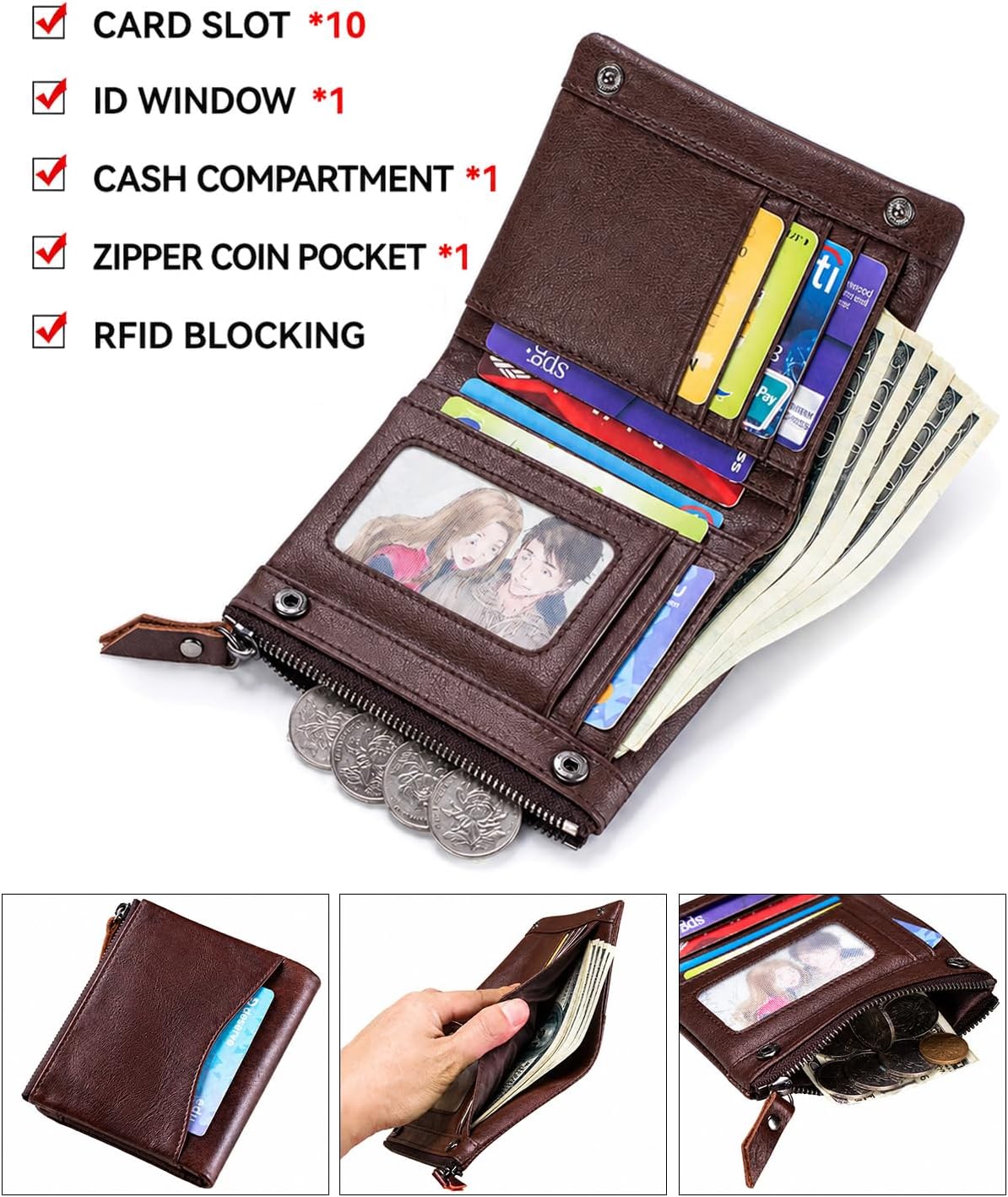 Wallet for Women, RFID Blocking Leather Zip Wallet, 10 Card Slots