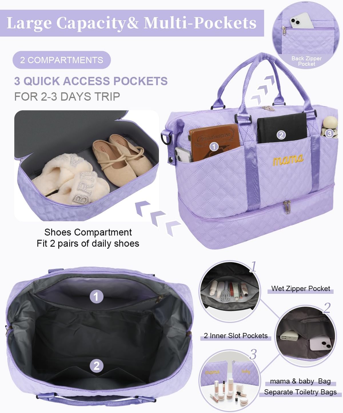 Mama Baby Pregnancy Hospital Bag Essentials for Women Labor Delivery Diaper Organizer with Shoe Compartment,2 Waterproof Toiletry Pouch Travel Duffle Bag for Mommy Weekender Overnight Gym Gifts,Purple