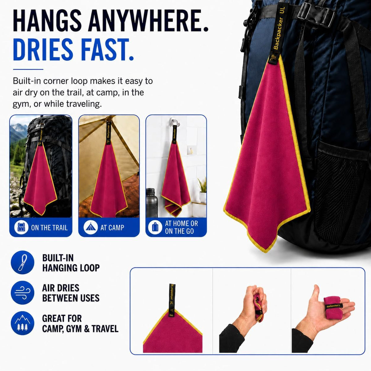 Backpacking Ultralight Quick Dry Microfiber Soft Fast Drying Hand and Face Towel Wash Cloth Camping Yoga Hiking Active Lifestyle Small (Magenta, Small)