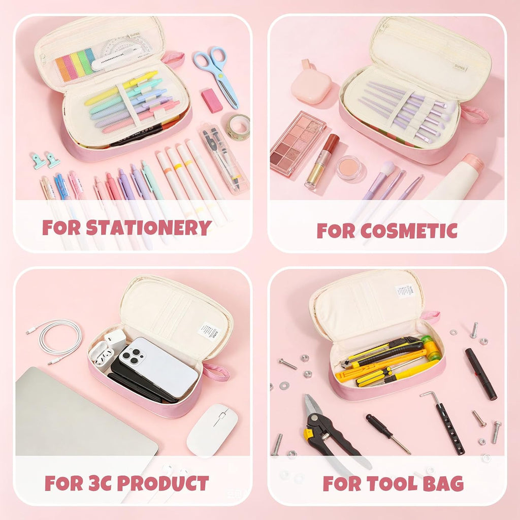 SUNEE Cute Pencil Case, Kawaii Big Capacity Pencil Pouch, Personalized Initial Pencil Bag with Zipper, Stationery Storage and Organizer, Back to School Supplies, Pen Box for Girls & Boys, Teen, A-Pink