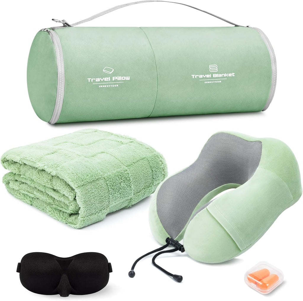urnexttour Travel Pillow and Blanket Set Neck Pillow Airplane Foam Sage
