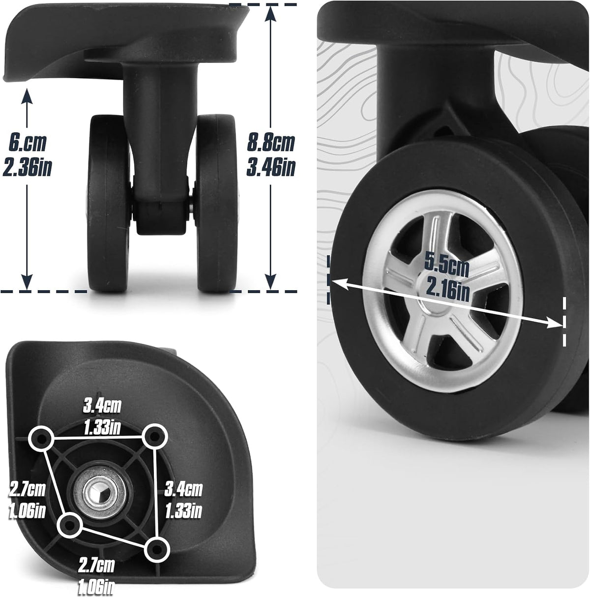 1 Pair Smooth Luggage Replacement Wheels DL130, Low-Noise Swivel Casters