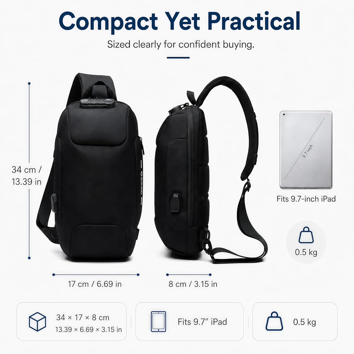 OZUKO Sling Bag for Men, Anti-Theft Crossbody Bag with Combination Lock