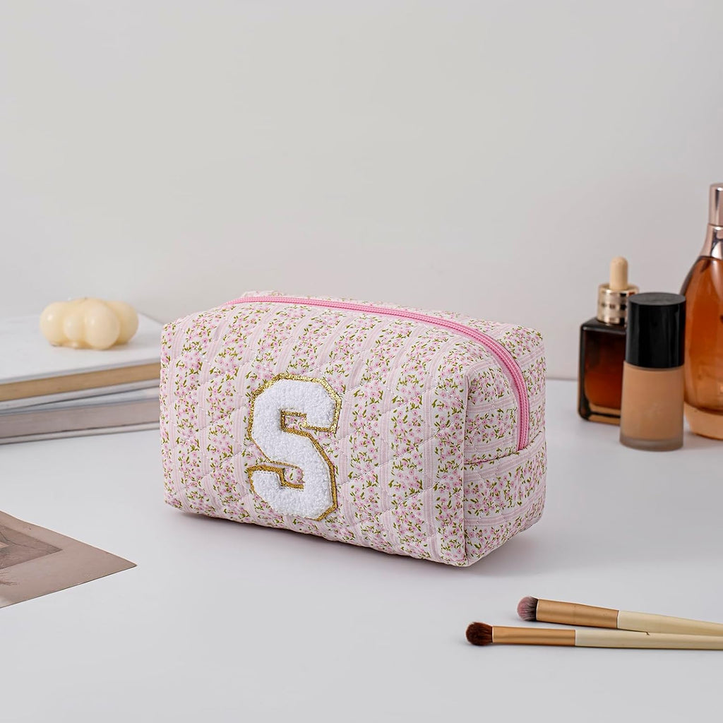 JOVAKIT Alphabet Makeup Bag Cosmetic Bag for Women, Christmas Gifts for Girls Age 6-18, Floral Flowers Coquette Travel Toiletry Zipper Make Up Pouch Organizer Trendy Stuff (Pink Floral S)