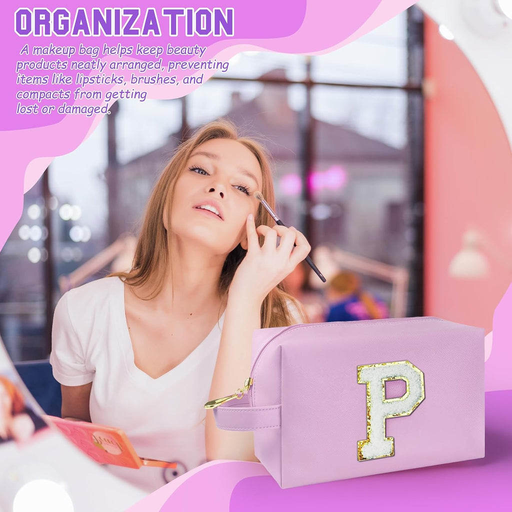 Personalized Initial Makeup Bag with Handle, Preppy Cosmetic Bag with Inner Zipper Pocket, 8 9 10 11 12 13 14 Years Old Girl, Graduation Gifts for Teen Girls Women Teachers (P, Purple)