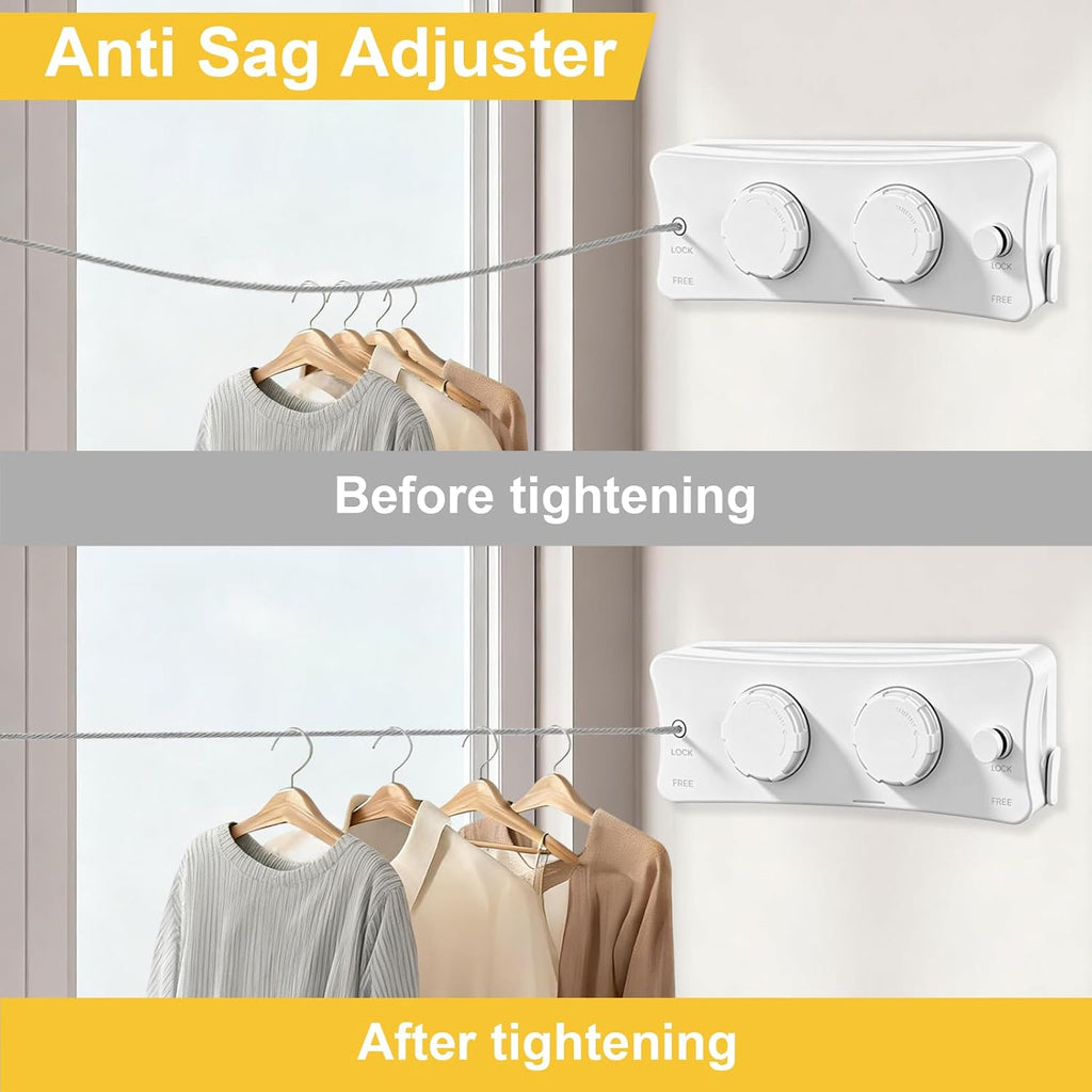 Retractable Clothesline Indoor & Outdoor, 16.7 Ft Non-Sagging Double Clothes Line, Retracting Heavy Duty Clothes Drying Laundry Line, Wall Mounted Stainless Steel Line (White, Dual Line)