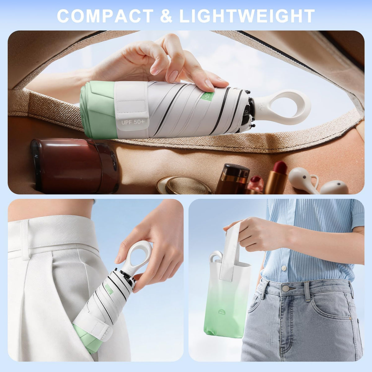 Gradient UV Umbrella UPF 50+, Mini Sun Parasol Foldable Compact Travel Size