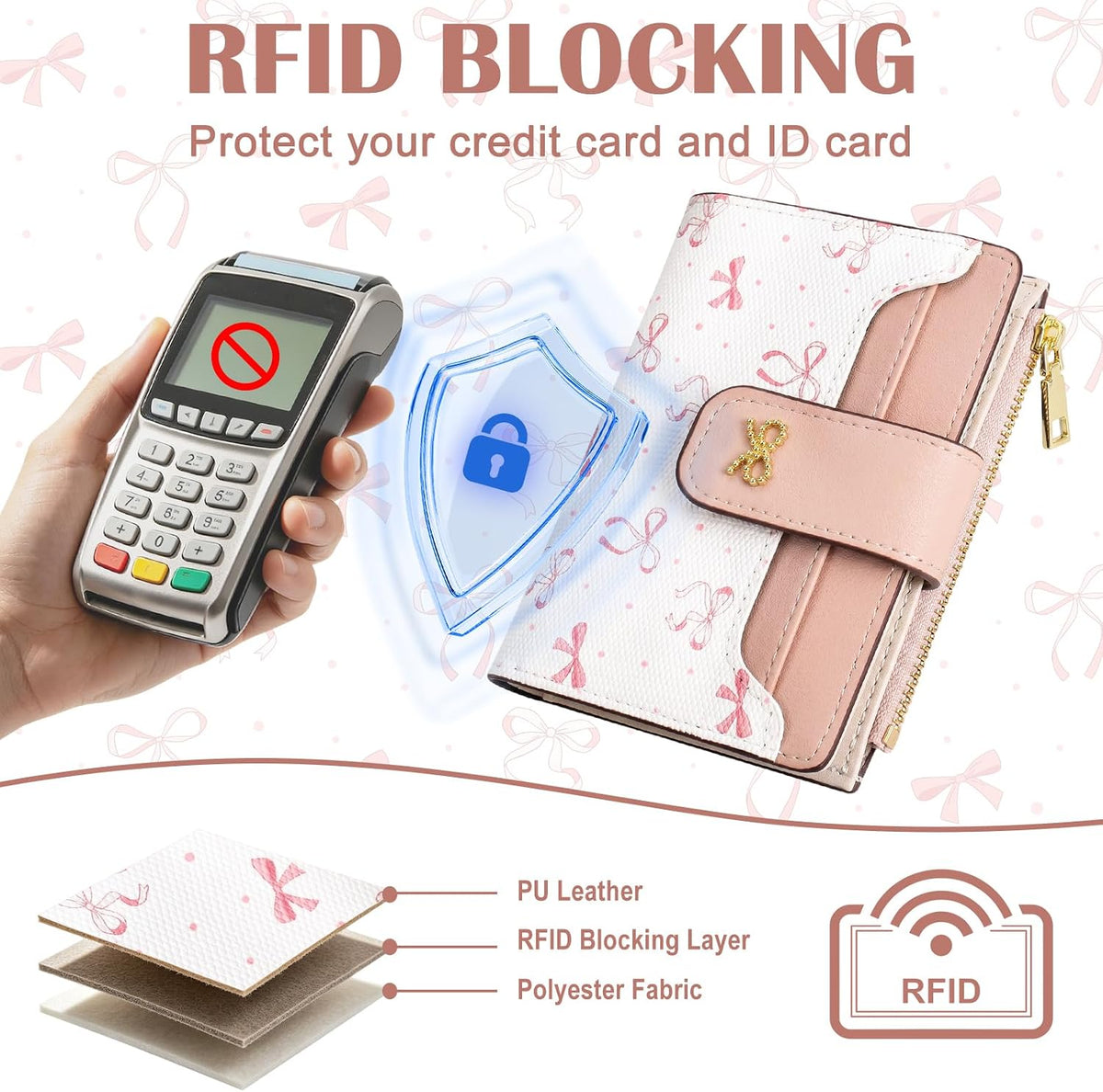 Small Wallets for Women RFID Blocking Bifold PU Leather, 8 Card Slots, Zipper Coin Pocket, Slim Credit Card Holder Travel Wallet, Pink 4.9x3.5inch