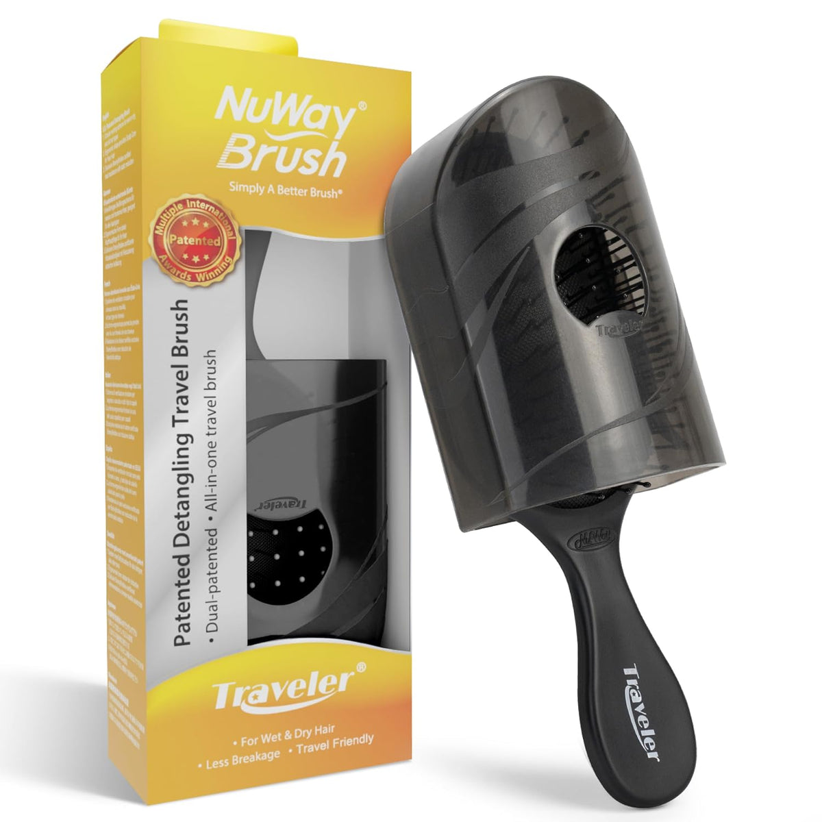 NuWay® Traveler® Patented Compact Hair Brush for Purse, Gym & Daily Carry - Gentle Detangling Brush for Wet or Dry Hair, Everyday Scalp Comfort (Black)