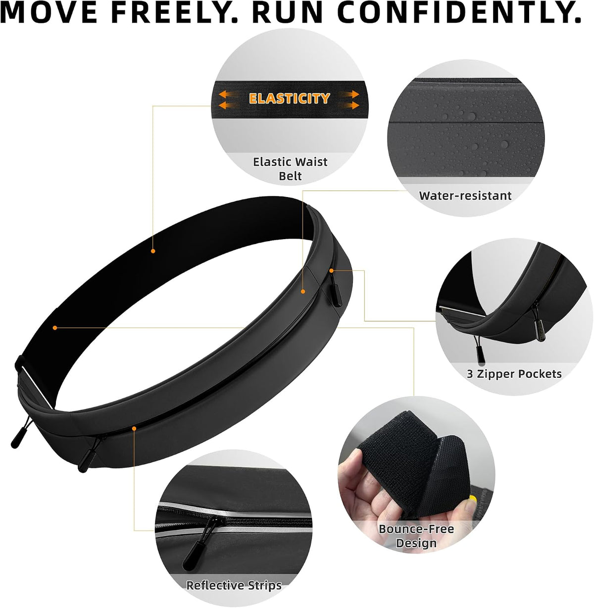 Running Belt for Men Women, Water-resistant Fanny Pack with 3 Zipper Pockets & Reflective Safety Strips, Adjustable Waist Pack Jogging Pouch for Phone, Keys & Essentials (Black, X-Large)