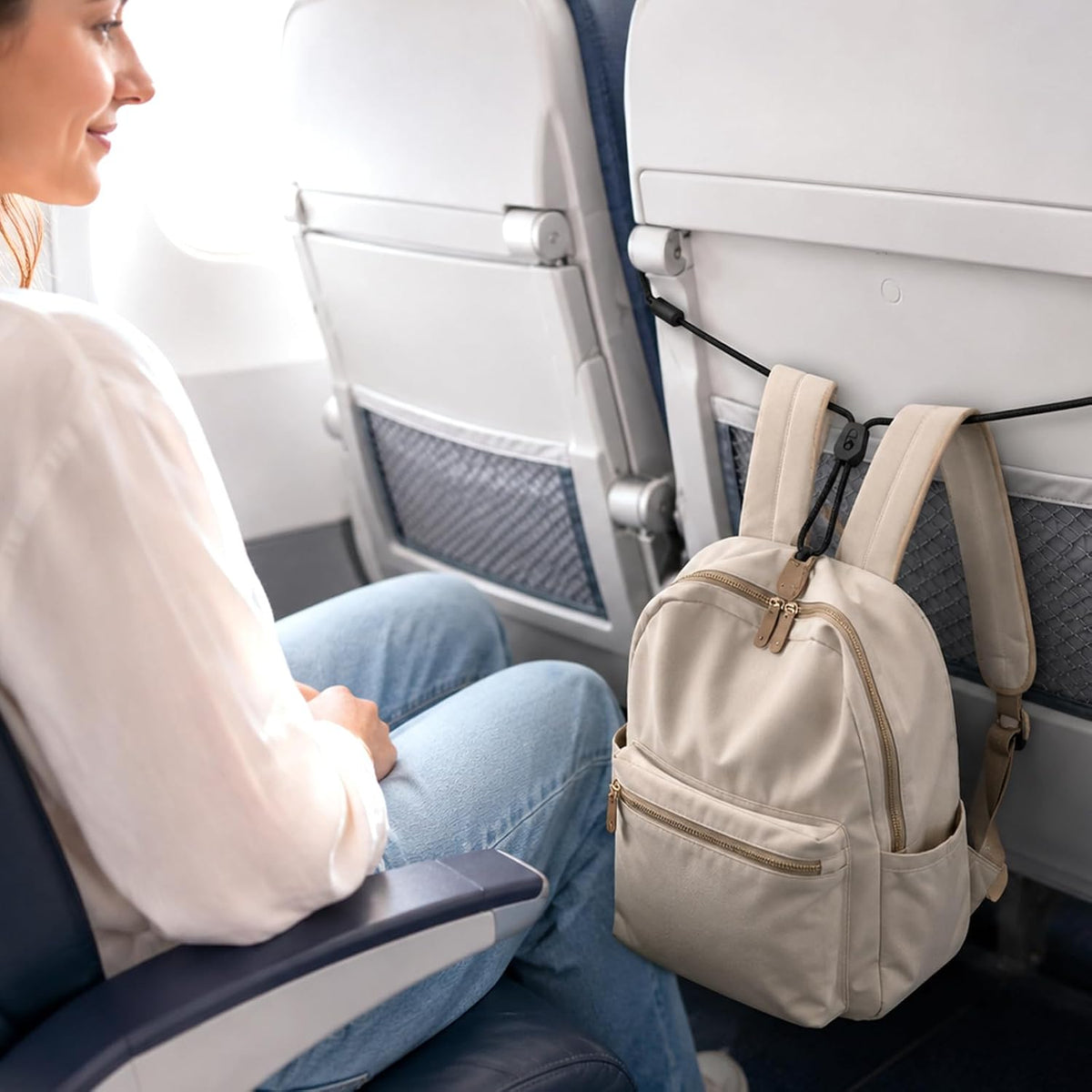 2 PCS Under Seat Bag Strap for Airplane Travel, 59 Inch Adjustable Airplane Seat Backpack Strap with Anti-Slip Lock Hook for Flight Train Car Storage, Free Up Under Seat Leg Room (Black)