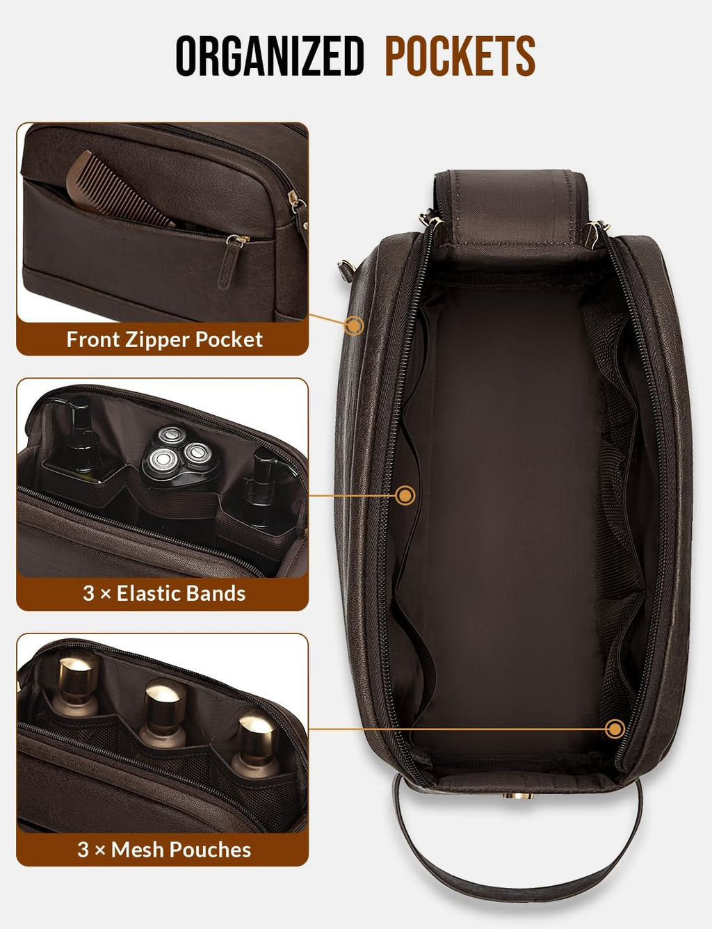 PU Leather Toiletry Bag for Men, Dark Brown