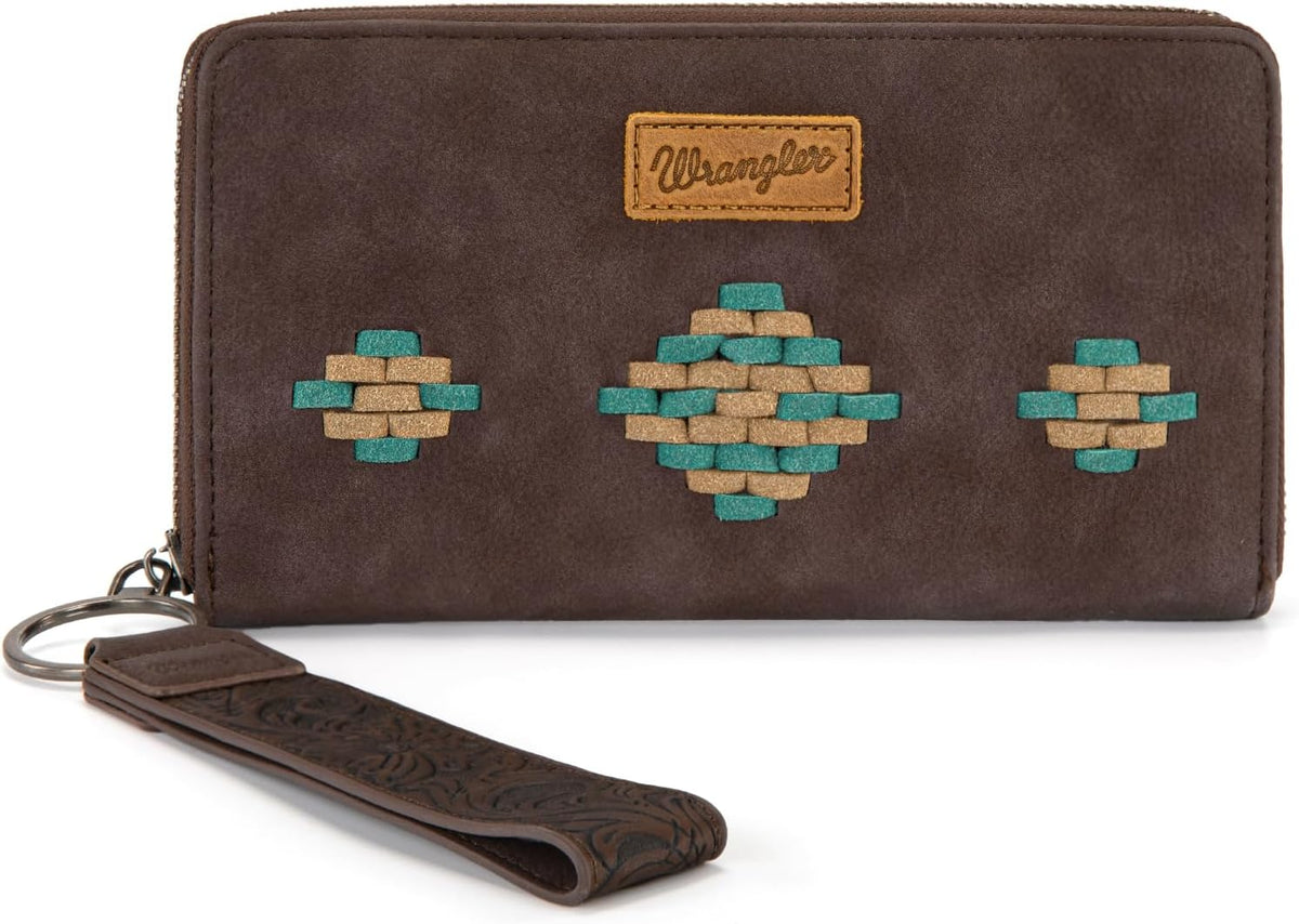 Wrangler Wristlet Wallet, Women Clutch Purses RFID Blocking with Aztec Boho Western Wrist Strap, Wristlet Purse with Zipper Pocket Card Holder for Women Girls Casual Travel Daily, WG310-W006CF