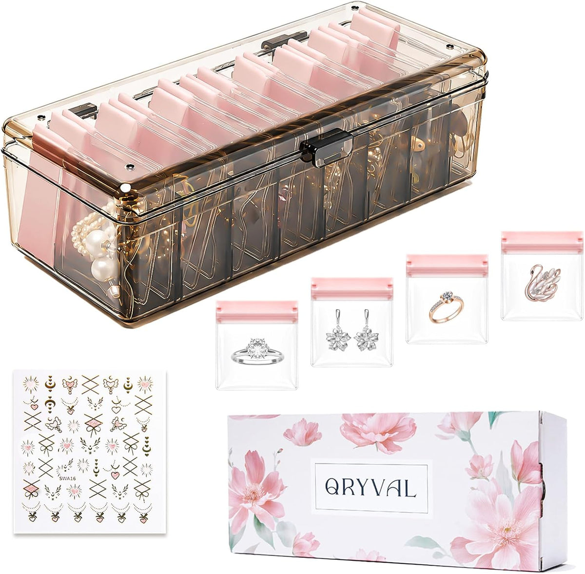 Jewelry Organizer and Storage Box with 24 EVA Anti Tarnish Bags, Travel Acrylic Case for Earrings, Necklaces & Rings, Elegant Gift for Women & Girls (S&Organizer(Brown))