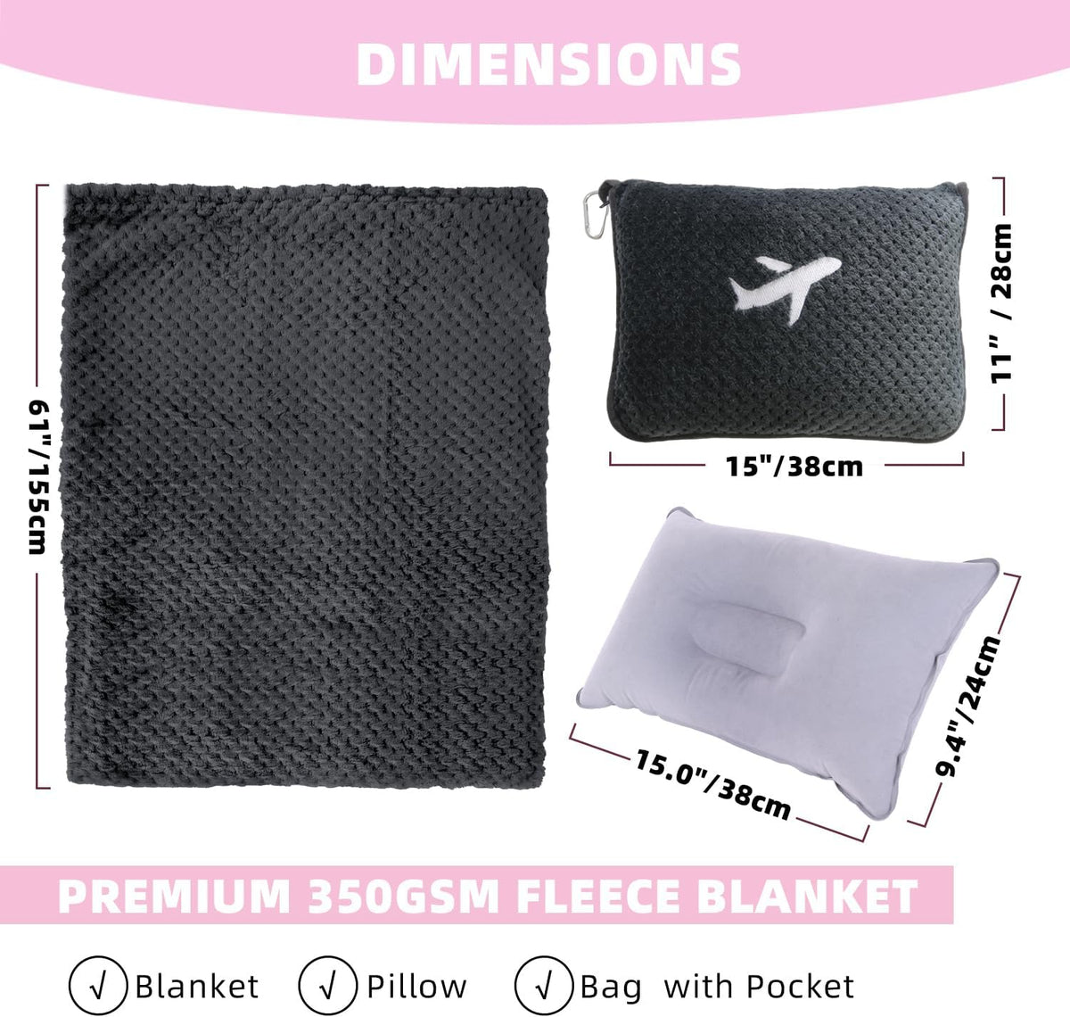3 in 1 Travel Blanket Pillow Set - 350 GSM Thick Travel Blanket Airplane Compact with Bag, Soft Bag with a Pocket, Inflatable Travel Pillow for Camping & Car Trip (Dark Grey)