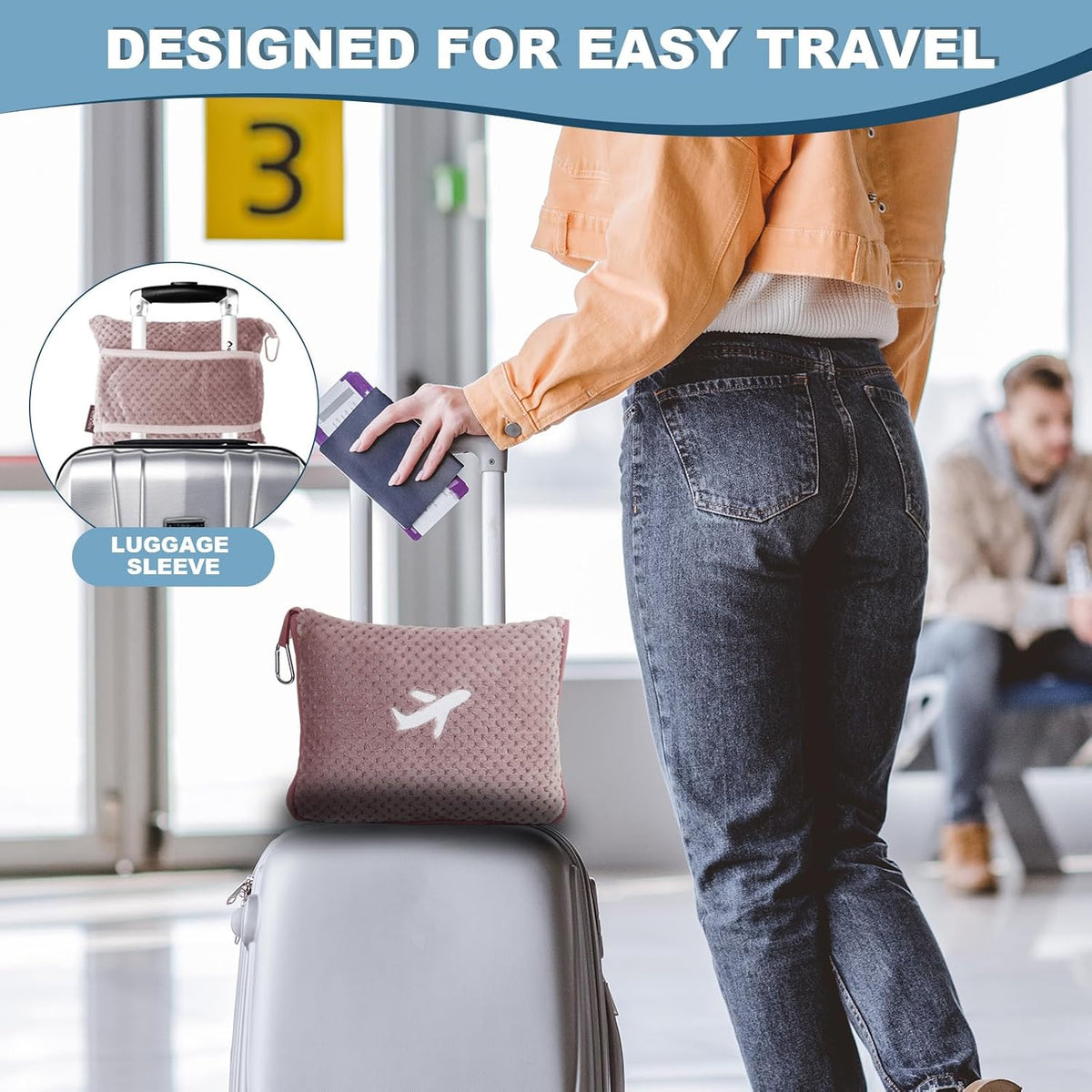 3 in 1 Travel Pillow and Blanket Set - 280 GSM Travel Blanket Airplane Compact with Bag, Inflatable Travel Pillow, Packable Airplane Blanket, Luggage Sleeve & Backpack Clip (Pink)
