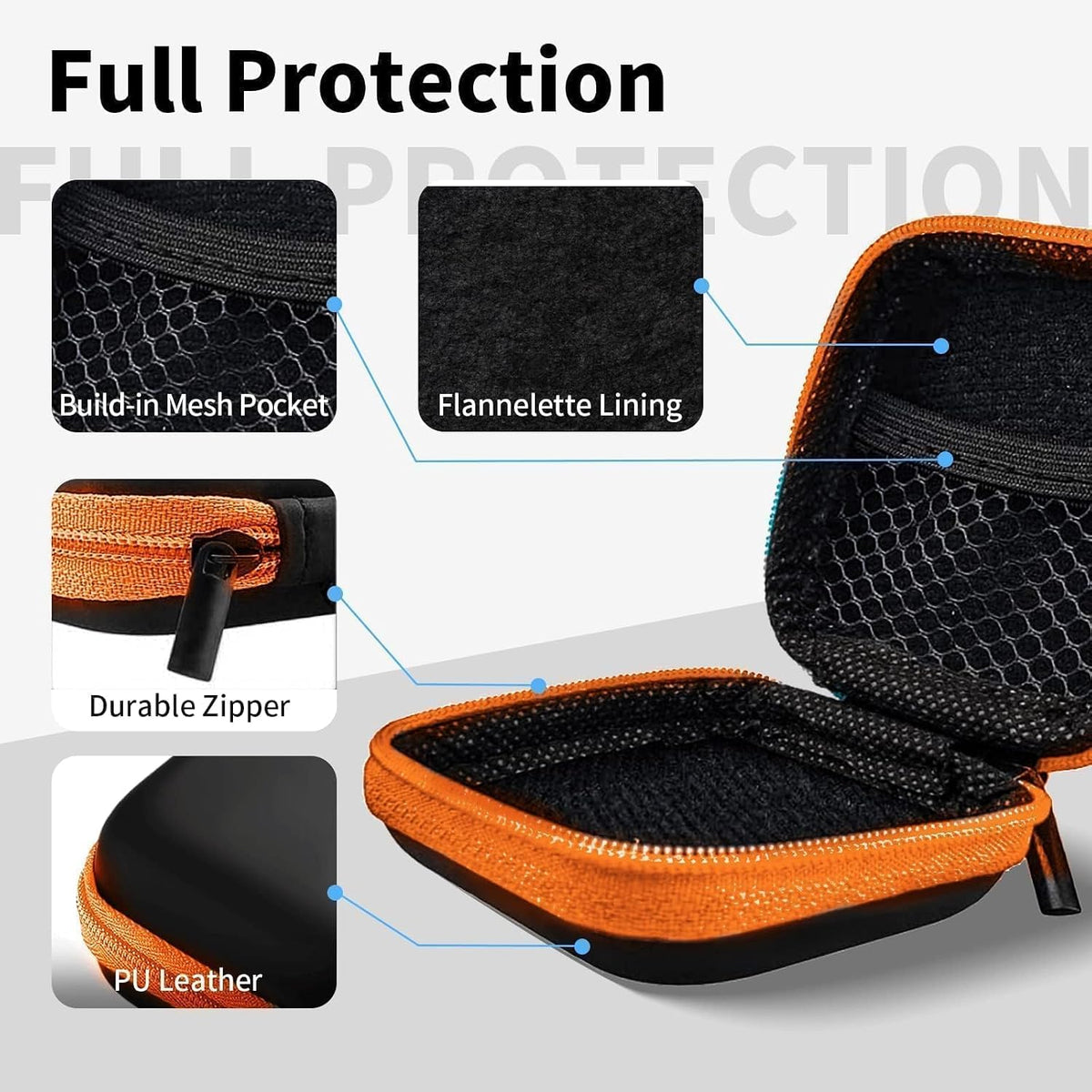 1 Pack Square Earbud Case Storage Bag with Carabiner, Orange