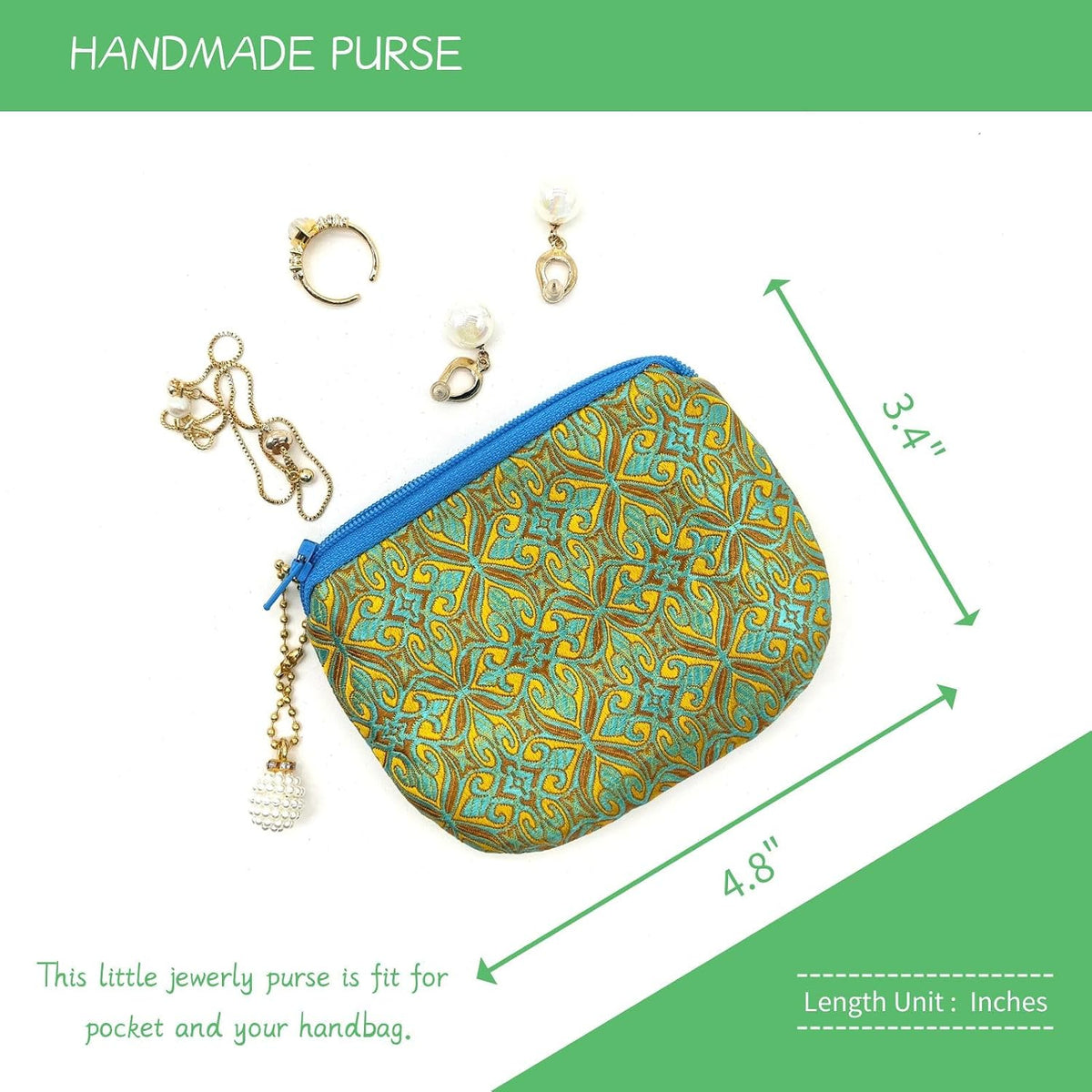 Handmade Rosary Pouch Women Coin Purse Silk Jewelry Bag Brocade Zipper Wallet - Yellow Aquamarine