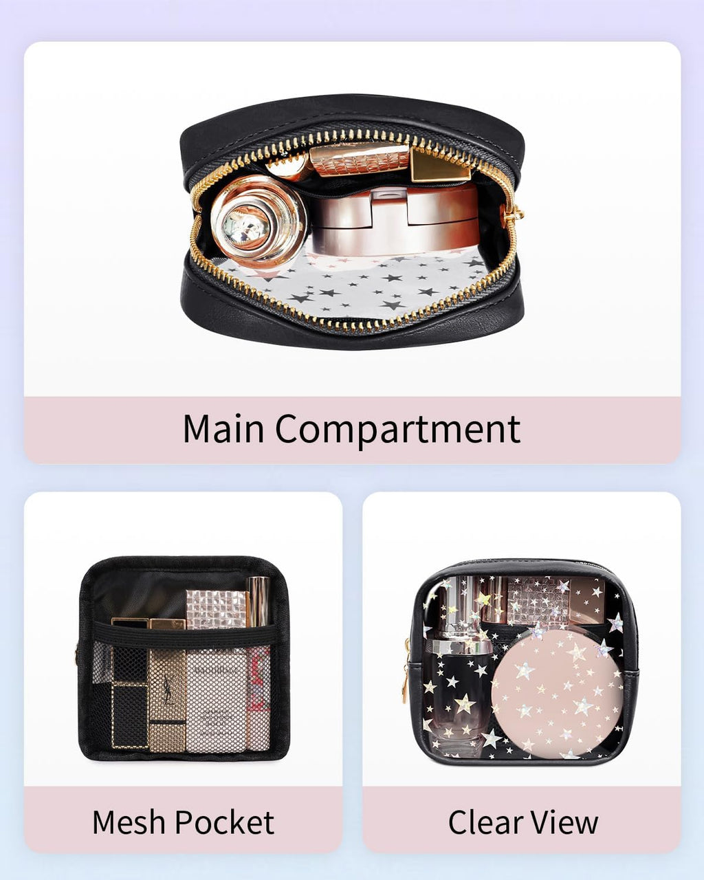 Clear Makeup Bag for Purse, Mini Cosmetic Pouch with Glitter Star Pattern