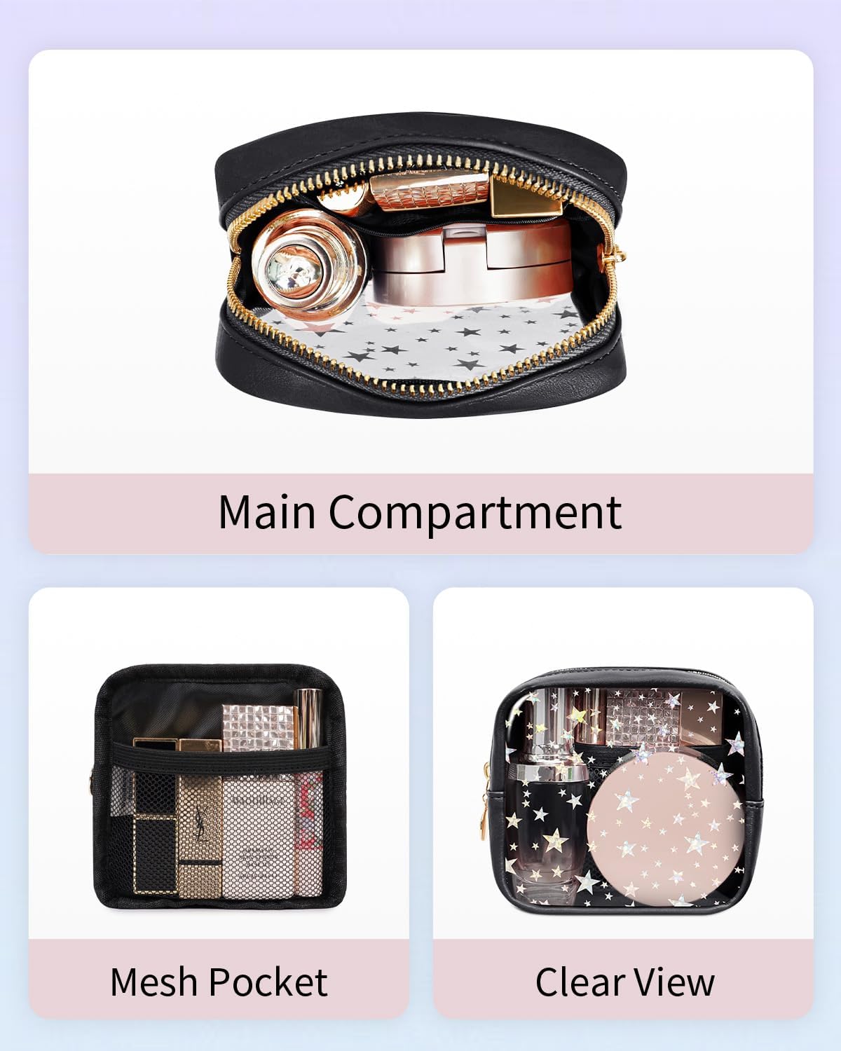 Clear Makeup Bag for Purse, Mini Cosmetic Pouch with Glitter Star Pattern